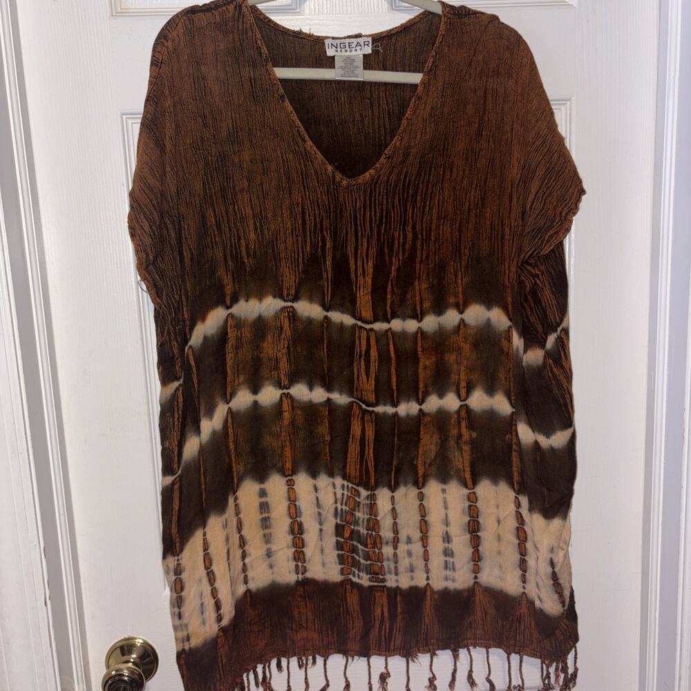 In Gear one size brown bathing suit cover-up fringed tie dyed dress knee length